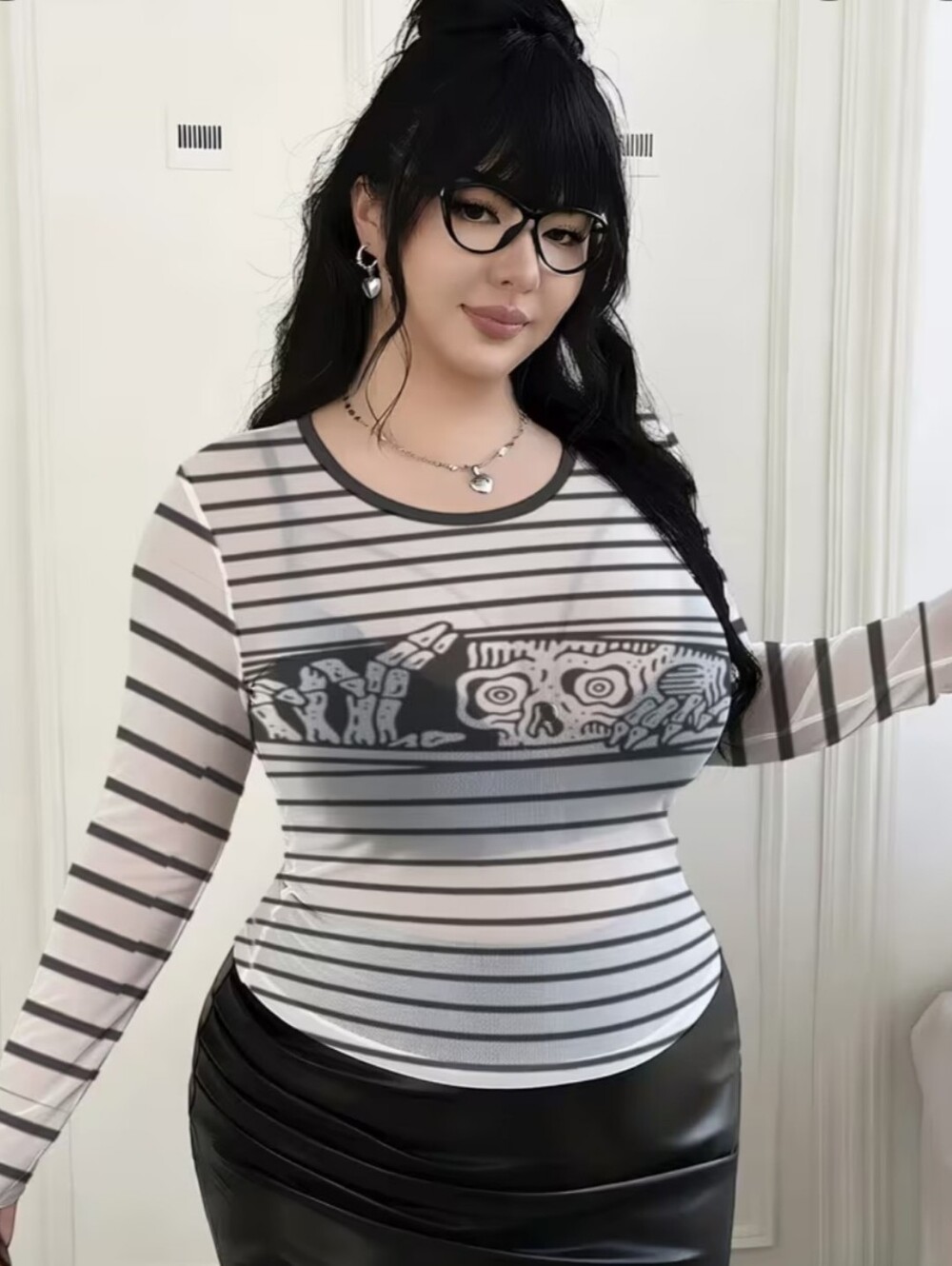Black & White Striped Long-Sleeve Peep Skull Graphic Mesh Top